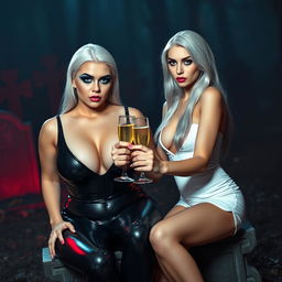 A very beautiful, attractive, thick, curvy, voluptuous white-haired young woman in a tight low-cut black latex catsuit, with frosted blue eye shadow, thick black eyeliner, mascara, long black eyelashes, and bright pink lipstick