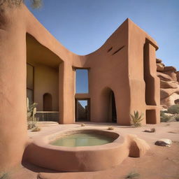 A remarkable architectural masterpiece constructed of sandstone, nestled within the wide expanses of a desert, demonstrating avant-garde design approaches.