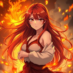 An anime woman with long, flowing red hair that resembles flickering flames, capturing the dynamic movement of fire