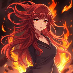 An anime woman with long, flowing red hair that resembles flickering flames, capturing the dynamic movement of fire