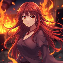 An anime woman with long, flowing red hair that resembles flickering flames, capturing the dynamic movement of fire