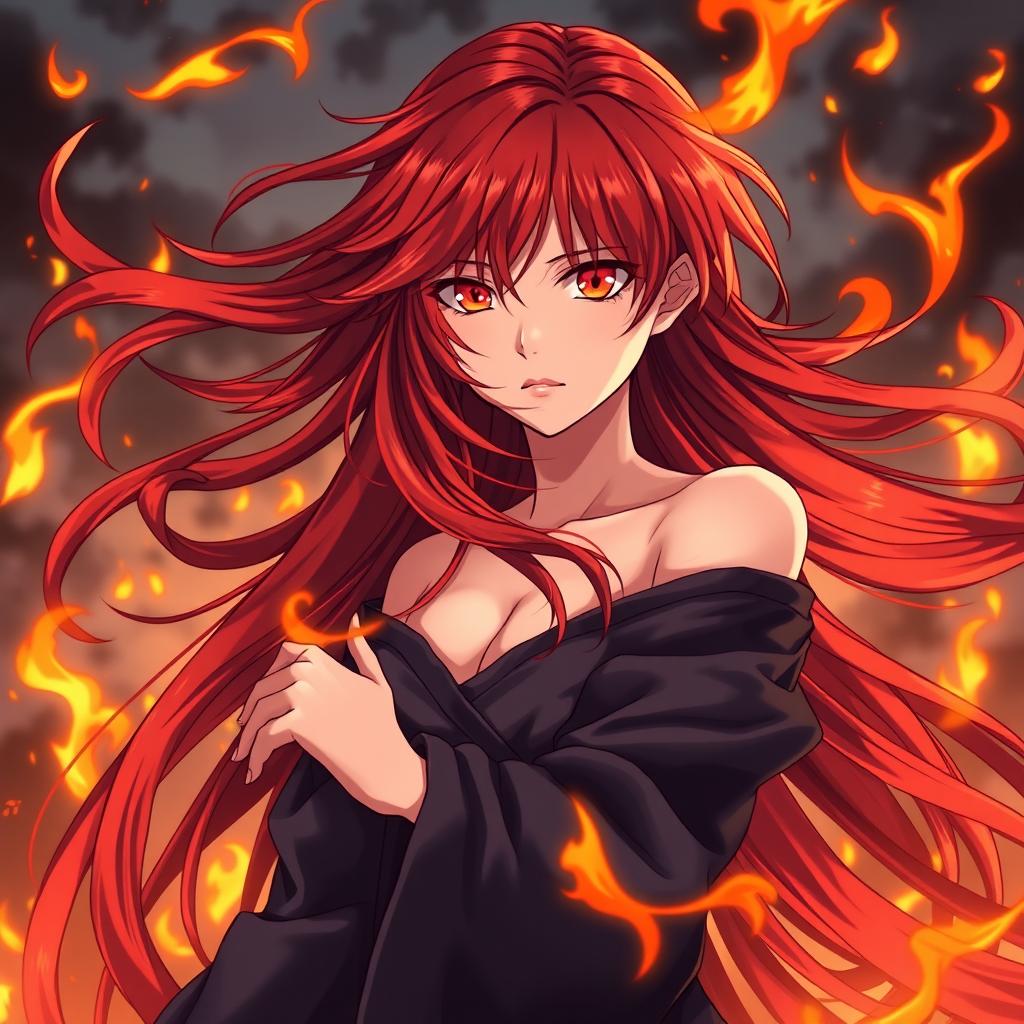 An anime woman with long, flowing red hair that resembles flickering flames, capturing the dynamic movement of fire