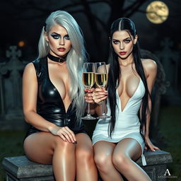 A very beautiful, attractive, thick, curvy, voluptuous white-haired young woman in a tight low-cut black latex catsuit, featuring frosted blue eye shadow, thick black eyeliner, mascara, long black eyelashes, and bright pink lipstick