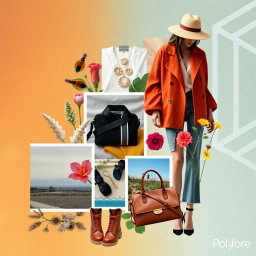 A visually striking cinematic collage inspired by a Polyvore aesthetic, featuring various elements such as fashion pieces, accessories, nature motifs, and textured backgrounds