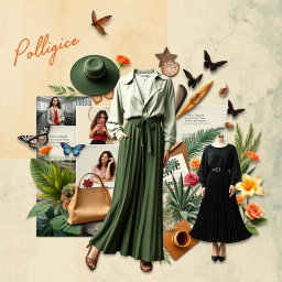 A visually striking cinematic collage inspired by a Polyvore aesthetic, featuring various elements such as fashion pieces, accessories, nature motifs, and textured backgrounds