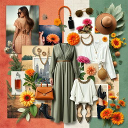 A visually striking cinematic collage inspired by a Polyvore aesthetic, featuring various elements such as fashion pieces, accessories, nature motifs, and textured backgrounds