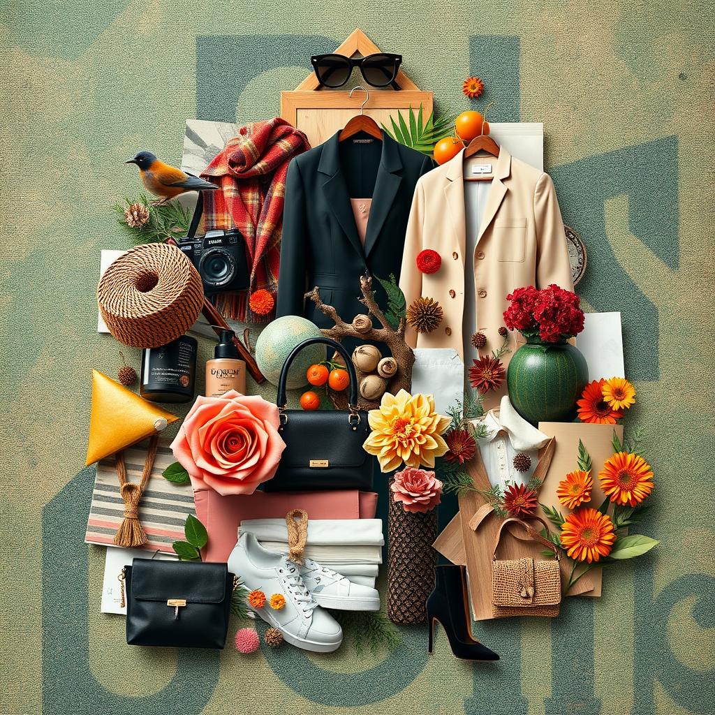 A visually striking cinematic collage inspired by a Polyvore aesthetic, featuring various elements such as fashion pieces, accessories, nature motifs, and textured backgrounds