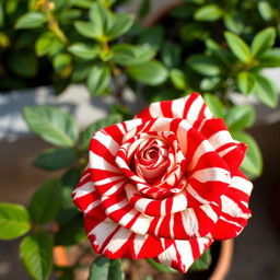 A vibrant close-up of a striking rose featuring a unique zebra-like pattern of vibrant red and white stripes across its petals