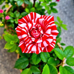 A vibrant close-up of a striking rose featuring a unique zebra-like pattern of vibrant red and white stripes across its petals