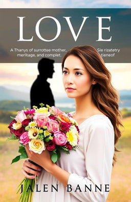 A romantic novel cover depicting a beautiful woman with warm, inviting features, holding a bouquet of mixed flowers, symbolizing love and new beginnings