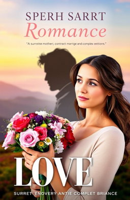 A romantic novel cover depicting a beautiful woman with warm, inviting features, holding a bouquet of mixed flowers, symbolizing love and new beginnings