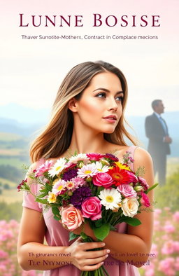 A romantic novel cover depicting a beautiful woman with warm, inviting features, holding a bouquet of mixed flowers, symbolizing love and new beginnings