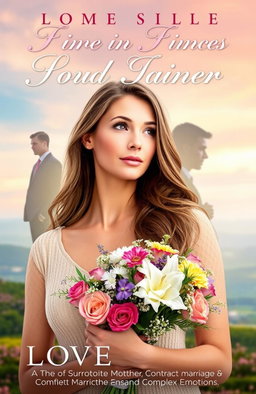 A romantic novel cover depicting a beautiful woman with warm, inviting features, holding a bouquet of mixed flowers, symbolizing love and new beginnings