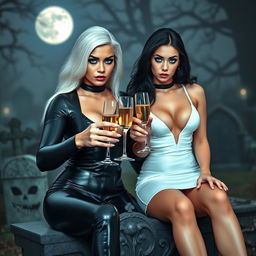 A very beautiful, attractive, curvy, shapely white-haired young woman in a tight low-cut black latex catsuit, featuring frosted blue eye shadow, thick black eyeliner, mascara, long black eyelashes, and bright pink lipstick