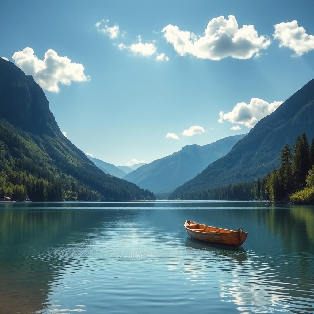 A beautiful and serene landscape featuring a tranquil lake surrounded by lush green trees and majestic mountains in the background