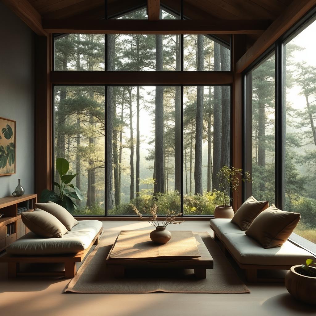 A serene living room designed in a wabi-sabi style, characterized by natural materials, imperfections and simplicity