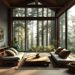 A serene living room designed in a wabi-sabi style, characterized by natural materials, imperfections and simplicity