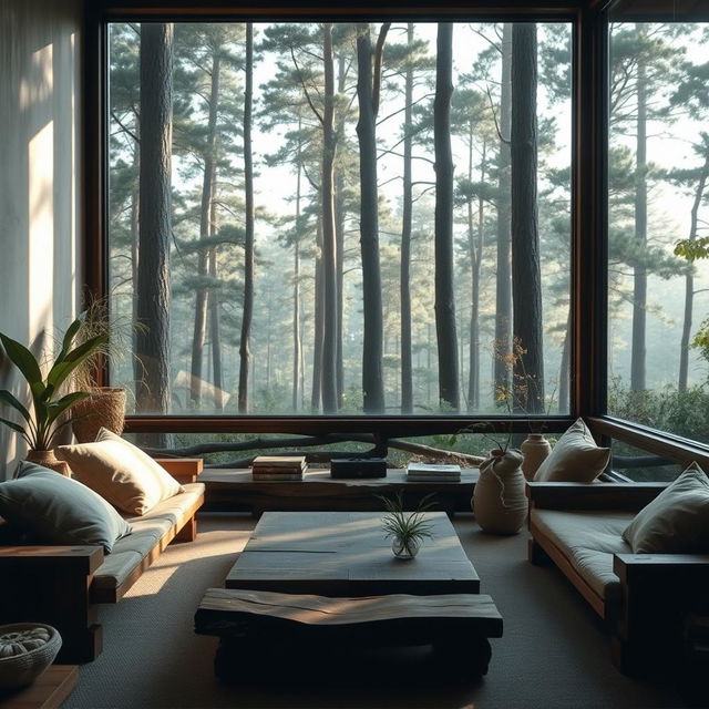 A serene living room designed in a wabi-sabi style, characterized by natural materials, imperfections and simplicity