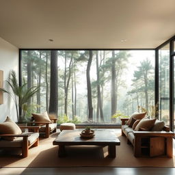 A serene living room designed in a wabi-sabi style, characterized by natural materials, imperfections and simplicity