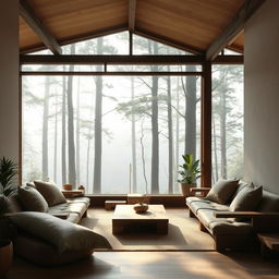 A serene living room designed in a wabi-sabi style, characterized by natural materials, imperfections and simplicity