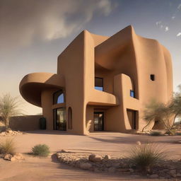 A remarkable architectural masterpiece constructed of sandstone, nestled within the wide expanses of a desert, demonstrating avant-garde design approaches.