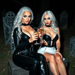 A very beautiful, attractive, curvy, shapely white-haired young woman in a tight low-cut black latex catsuit, featuring frosted blue eye shadow, thick black eyeliner, mascara, long black eyelashes, and bright pink lipstick, wearing a serious expression
