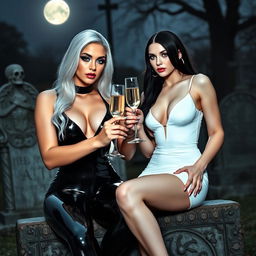 A very beautiful, attractive, curvy, shapely white-haired young woman in a tight low-cut black latex catsuit, featuring frosted blue eye shadow, thick black eyeliner, mascara, long black eyelashes, and bright pink lipstick