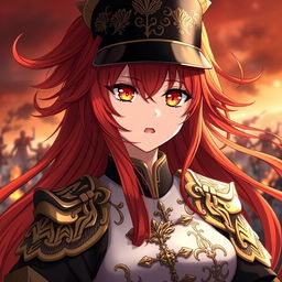 A female anime general representing the Japanese Empire, characterized by long, fiery red hair that resembles flowing flames, and piercing orange eyes that glow like the colors of dusk, filled with unwavering confidence