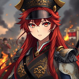 A female anime general representing the Japanese Empire, characterized by long, fiery red hair that resembles flowing flames, and piercing orange eyes that glow like the colors of dusk, filled with unwavering confidence
