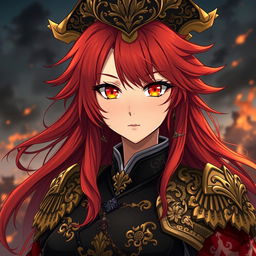 A female anime general representing the Japanese Empire, characterized by long, fiery red hair that resembles flowing flames, and piercing orange eyes that glow like the colors of dusk, filled with unwavering confidence
