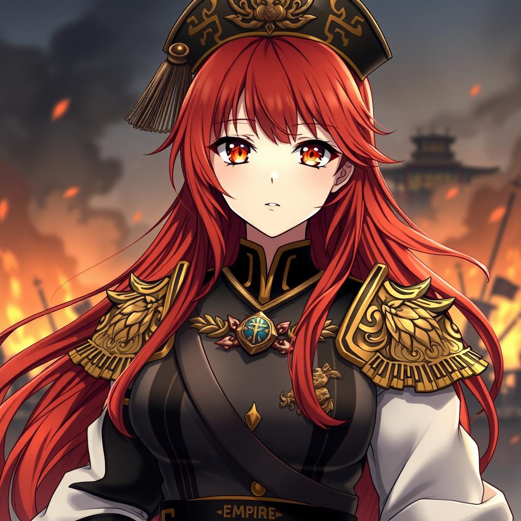 A female anime general representing the Japanese Empire, characterized by long, fiery red hair that resembles flowing flames, and piercing orange eyes that glow like the colors of dusk, filled with unwavering confidence