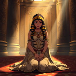 An emotionally evocative animated-style illustration of Cleopatra kneeling in her throne room