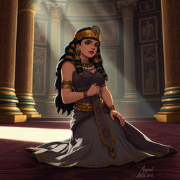 An emotionally evocative animated-style illustration of Cleopatra kneeling in her throne room