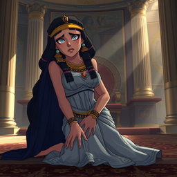 An emotionally evocative animated-style illustration of Cleopatra kneeling in her throne room