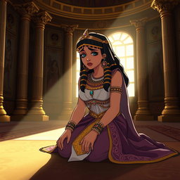 An emotionally evocative animated-style illustration of Cleopatra kneeling in her throne room