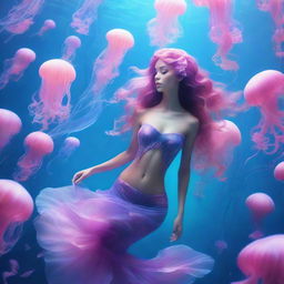 A stunning underwater scene featuring a graceful mermaid swimming amongst a host of electric pink jellyfish elegantly drifting in the ethereal blue depths.