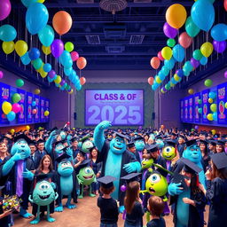 A vibrant and colorful 2025 senior graduation celebration scene inspired by the world of Monsters, Inc