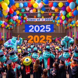 A vibrant and colorful 2025 senior graduation celebration scene inspired by the world of Monsters, Inc