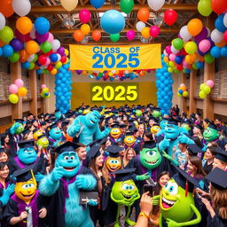 A vibrant and colorful 2025 senior graduation celebration scene inspired by the world of Monsters, Inc
