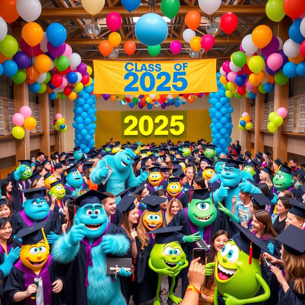 A vibrant and colorful 2025 senior graduation celebration scene inspired by the world of Monsters, Inc