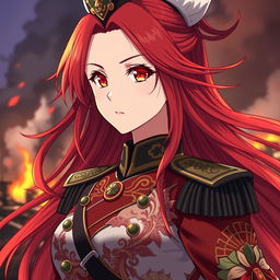 A female anime general representing the Japanese Imperial Court during the Second World War, characterized by long, flowing red hair like flames that radiate energy and intensity