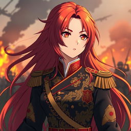 A female anime general representing the Japanese Imperial Court during the Second World War, characterized by long, flowing red hair like flames that radiate energy and intensity