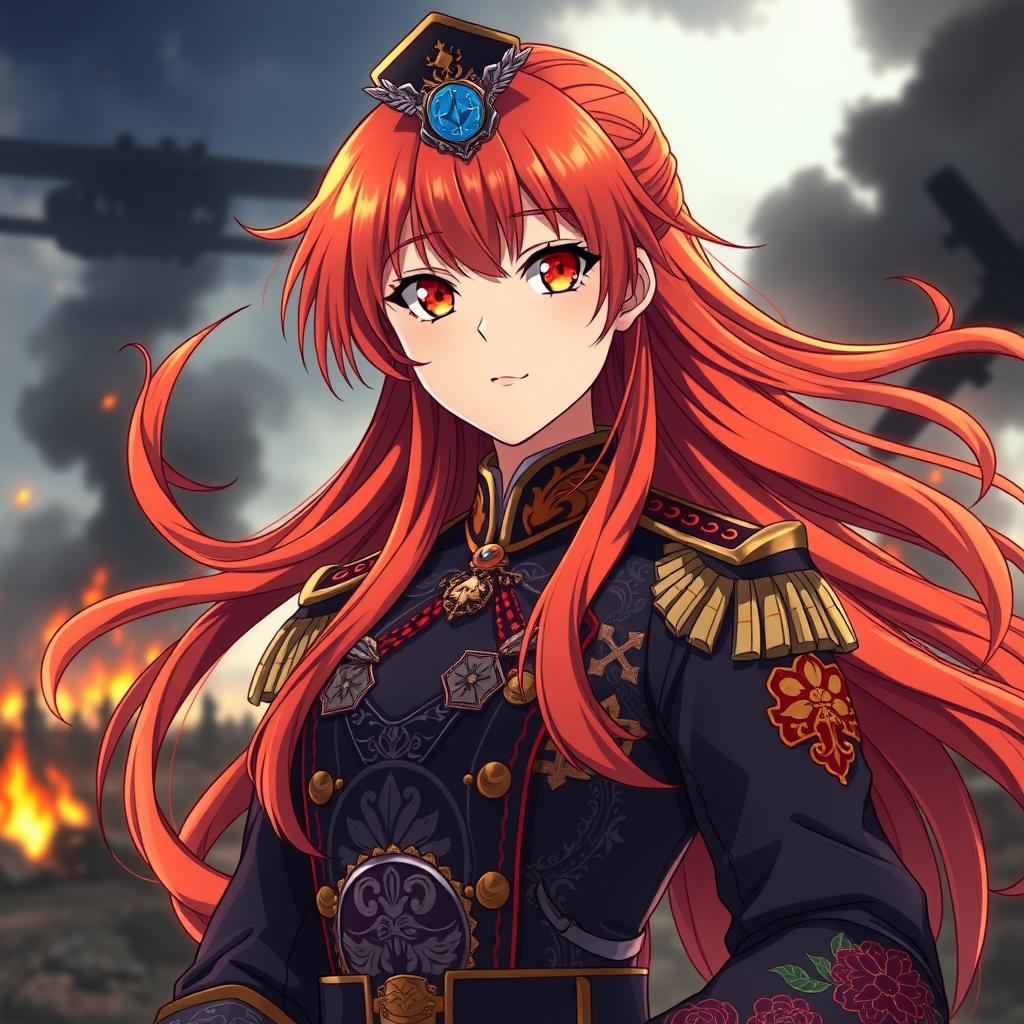 A female anime general representing the Japanese Imperial Court during the Second World War, characterized by long, flowing red hair like flames that radiate energy and intensity