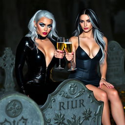 A very beautiful, attractive, curvy shapely young woman with striking white and black hair in a tight low-cut black latex catsuit, adorned with frosted blue eye shadow, thick black eyeliner, long black eyelashes, mascara, and bright pink lipstick, wearing a serious look on her face