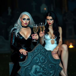 A very beautiful, attractive, curvy shapely young woman with striking white and black hair in a tight low-cut black latex catsuit, adorned with frosted blue eye shadow, thick black eyeliner, long black eyelashes, mascara, and bright pink lipstick, wearing a serious look on her face