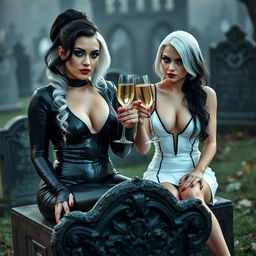 A very beautiful, attractive, curvy shapely young woman with striking white and black hair in a tight low-cut black latex catsuit, adorned with frosted blue eye shadow, thick black eyeliner, long black eyelashes, mascara, and bright pink lipstick, wearing a serious look on her face