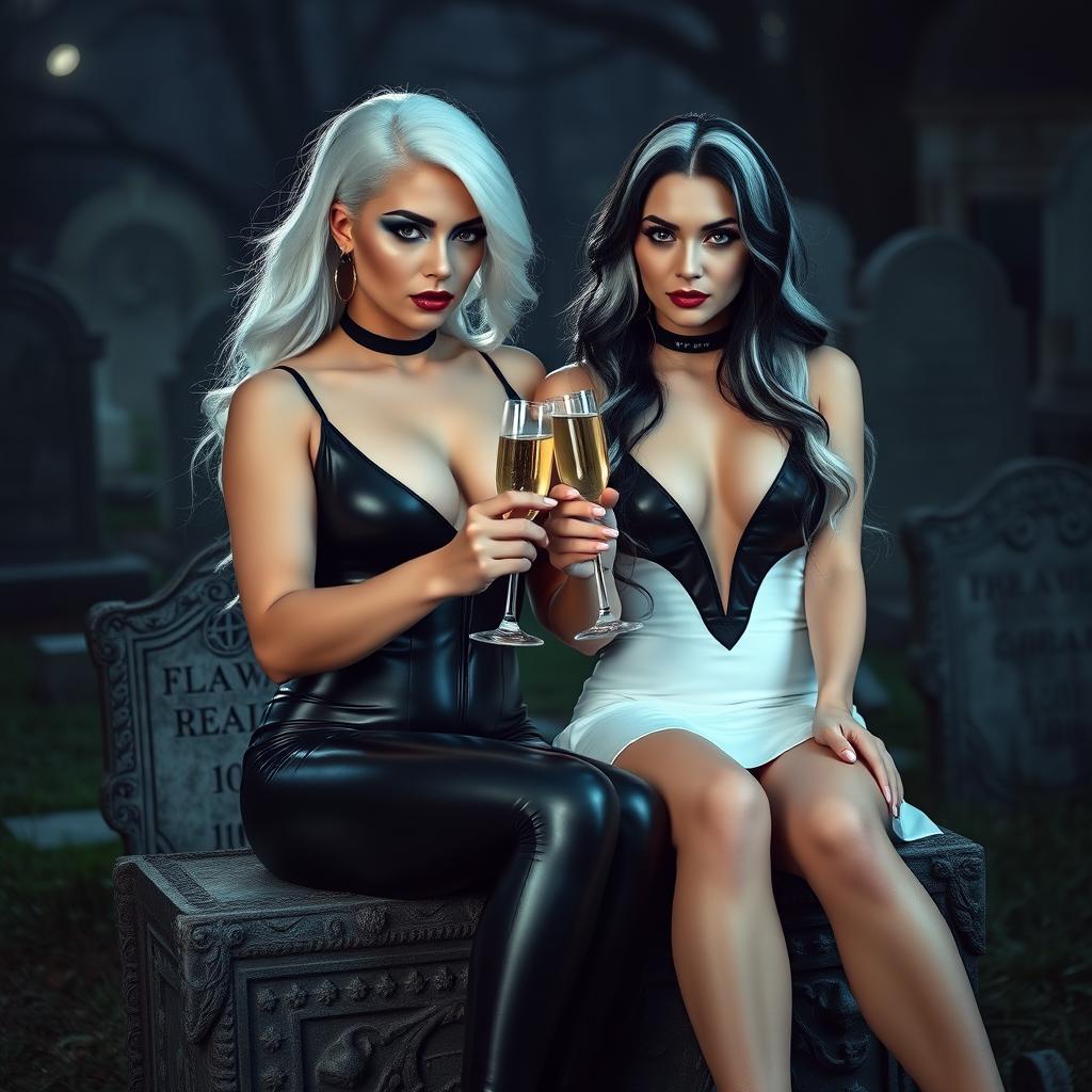 A very beautiful, attractive, curvy shapely young woman with striking white and black hair in a tight low-cut black latex catsuit, adorned with frosted blue eye shadow, thick black eyeliner, long black eyelashes, mascara, and bright pink lipstick, wearing a serious look on her face