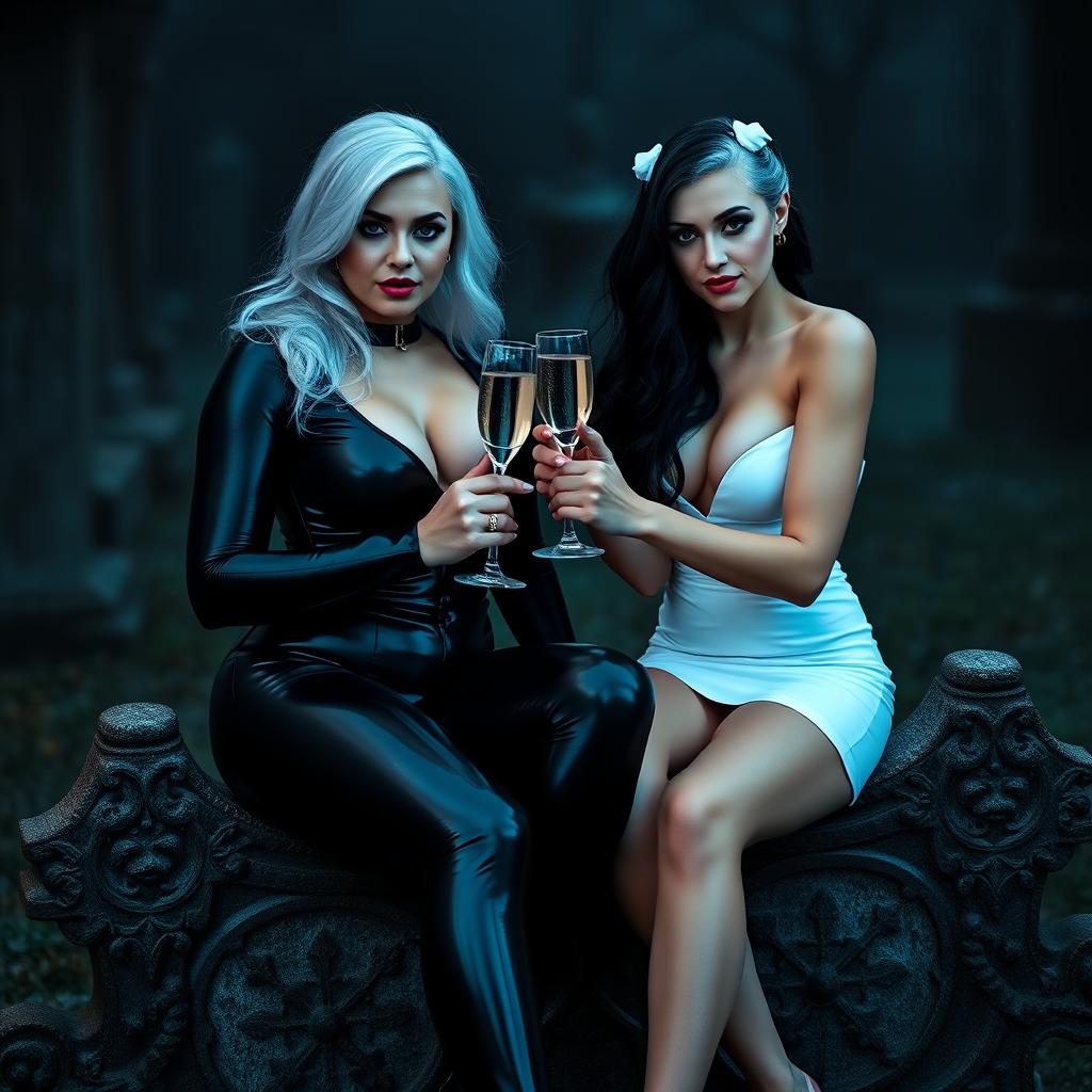 A very beautiful, attractive, curvy shapely young woman with striking white and black hair, dressed in a very tight low-cut black latex catsuit, featuring frosted blue eye shadow, thick black eyeliner, long black eyelashes, and bright pink lipstick, with a serious look on her face