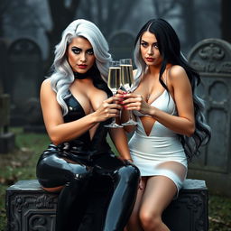 A very beautiful, attractive, curvy shapely young woman with striking white and black hair, dressed in a very tight low-cut black latex catsuit, featuring frosted blue eye shadow, thick black eyeliner, long black eyelashes, and bright pink lipstick, with a serious look on her face