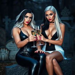 A very beautiful, attractive, curvy shapely young woman with striking white and black hair, dressed in a very tight low-cut black latex catsuit, complemented by frosted blue eye shadow, thick black eyeliner, long black eyelashes, and bright pink lipstick, wearing a serious expression